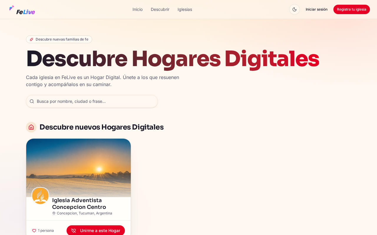 Sección Descubrir de FeLive con iglesias y categorías